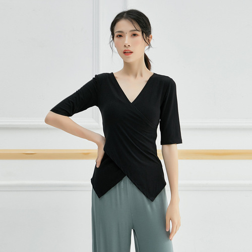 Yoga practice clothes for adults, long-sleeved T-shirts, cross-collar Latin dance tops, modern body dance clothes, 230g fabric