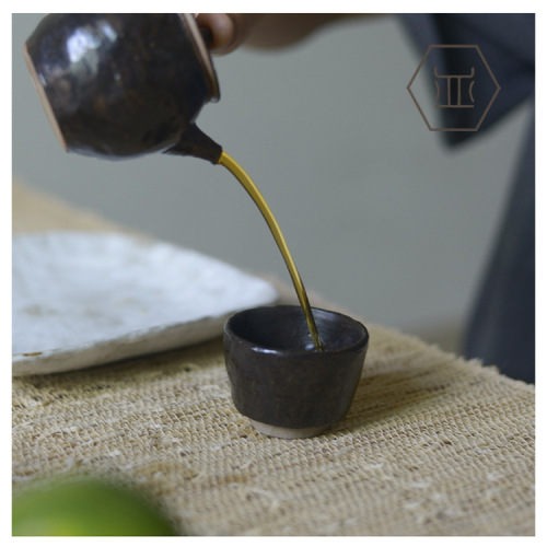 Handmade stoneware tea cup, Kung Fu tea set, small tea cup with printed logo, Japanese ceramic horseshoe cup