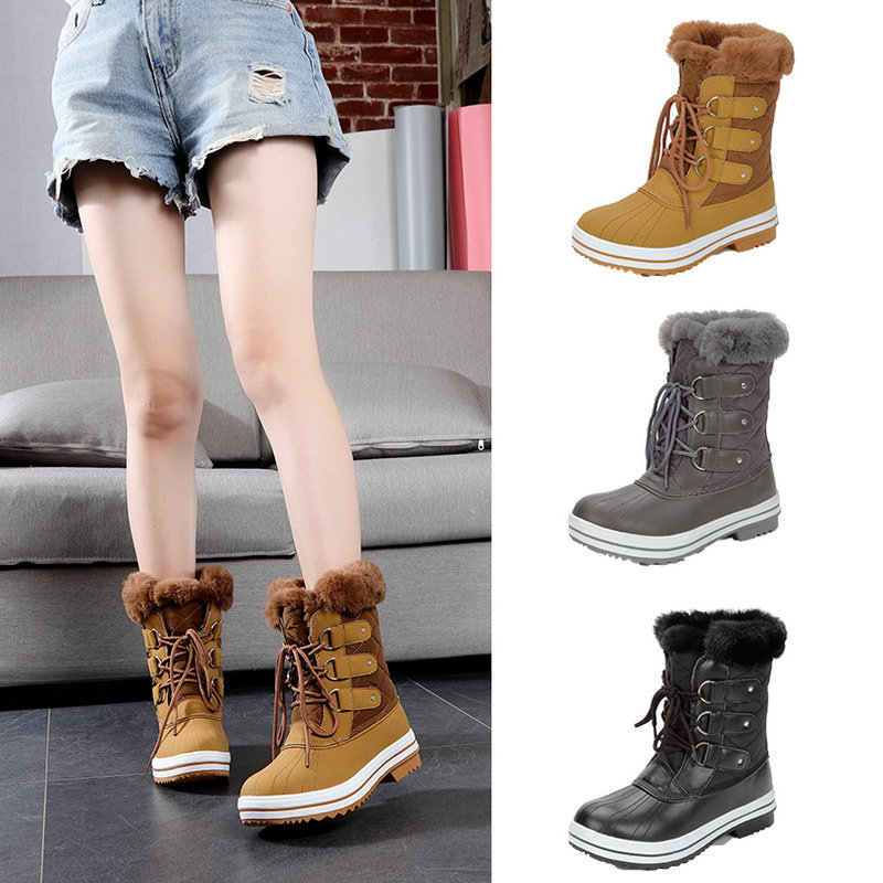 Botas de nieve de talla grande transfronteriza estilo europeo y americano botas de algodón de lana plana para mujer fábrica al por mayor entrega de una pieza