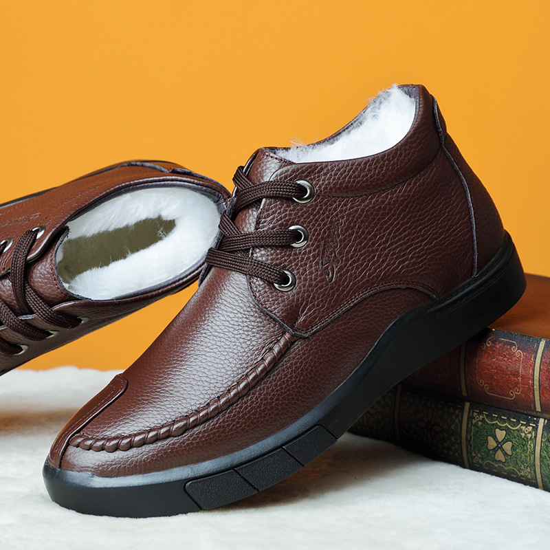 Invierno primera capa de piel de vaca de lana zapatos de algodón de los hombres de cuero genuino forrado de lana caliente papá zapatos de los hombres de alta superior casual zapatos de cuero de los hombres