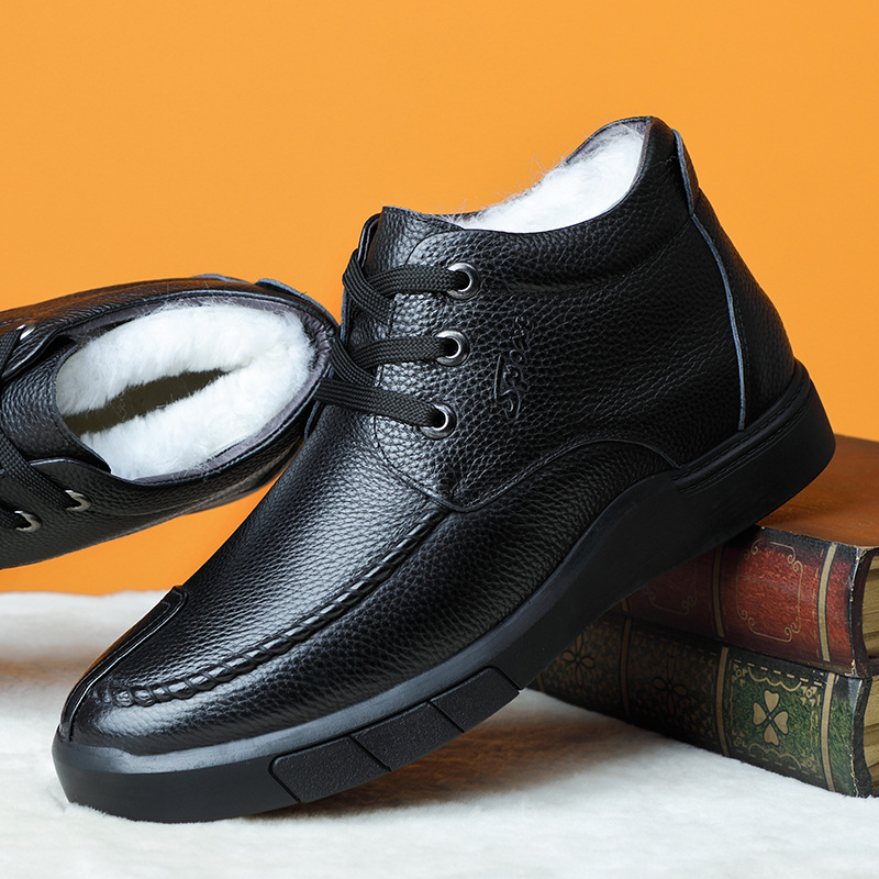 Invierno primera capa de piel de vaca de lana zapatos de algodón de los hombres de cuero genuino forrado de lana caliente papá zapatos de los hombres de alta superior casual zapatos de cuero de los hombres