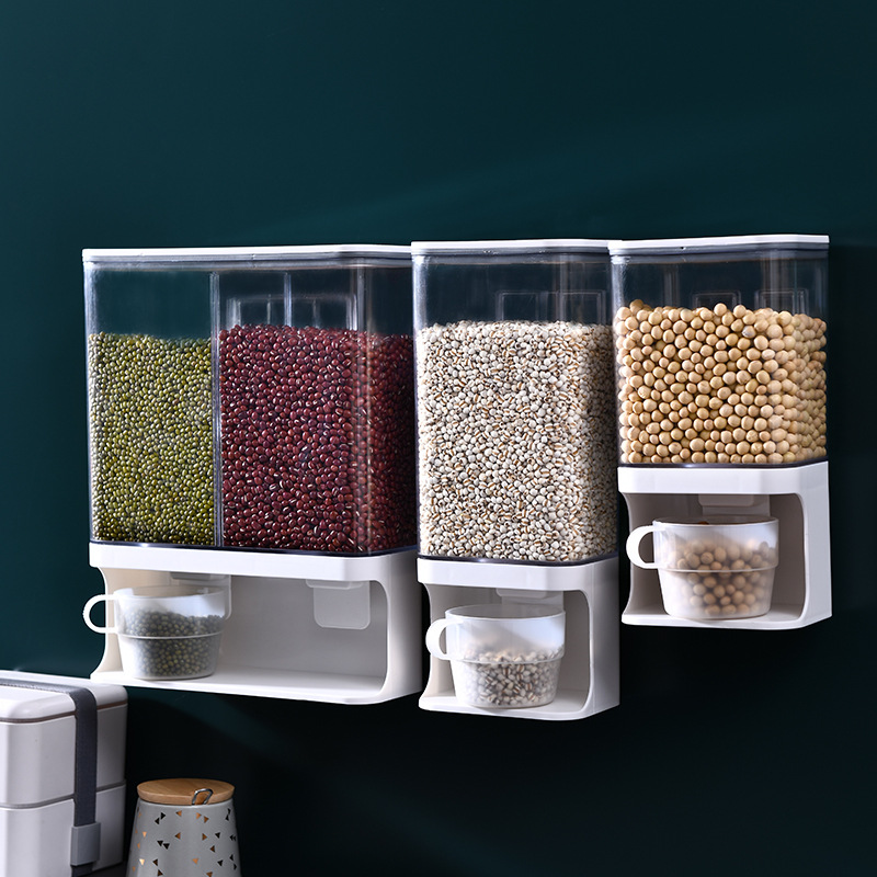 Multi-funcional montado en la pared multi-grano tarro de almacenamiento hogar cocina caja de almacenamiento de grano productos secos sellado tarro caja de almacenamiento de arroz tarro