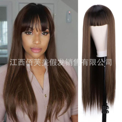 Orange wig for women with long straight hair cross-border e-commerce European and American fashion dyed long hair chemical fiber headgear overseas one-piece drop shipping