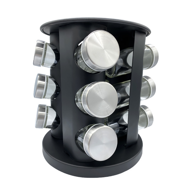 Rack de especias de acero inoxidable rociado de plástico de Amazon transfronterizo estante de botellas de vidrio con 12 tipos de latas de especias giratorio estante de especias
