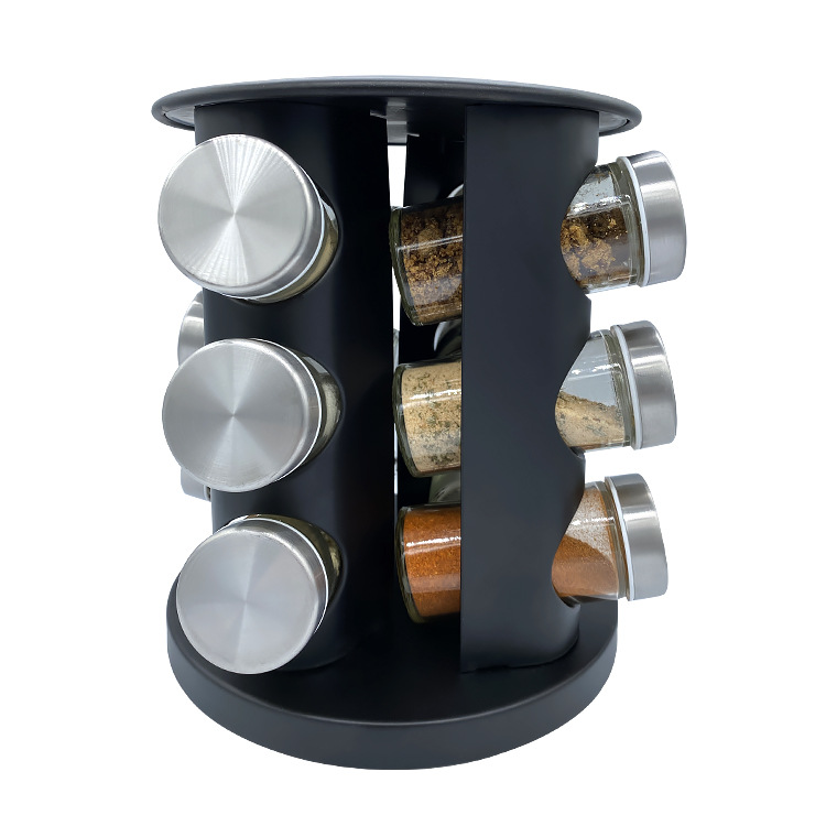 Rack de especias de acero inoxidable rociado de plástico de Amazon transfronterizo estante de botellas de vidrio con 12 tipos de latas de especias giratorio estante de especias