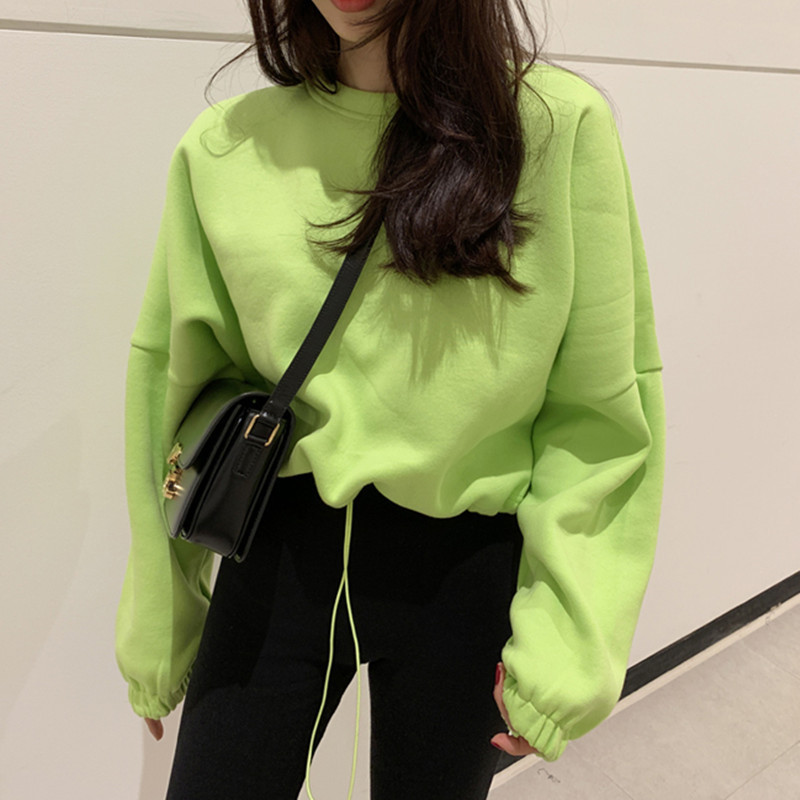 2026 Spring and Autumn New Style Drawstring Waist-Cinching Hoodless Simple Versatile Casual Sports Short Sweatshirt for Women Korean Style Casual