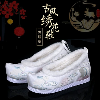 兔遥望新款汉服鞋绣花鞋女古风鞋内增高古装翘头弓鞋秋冬加绒加棉