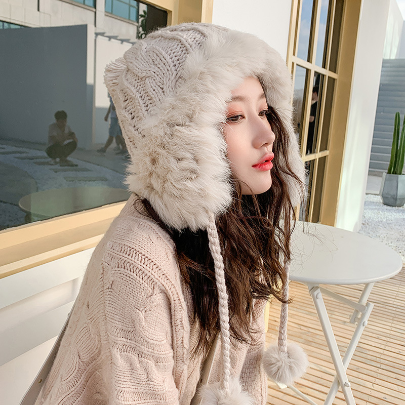 帽子女冬毛线帽韩版甜美可爱加绒加厚保暖护耳毛球针织雷锋帽