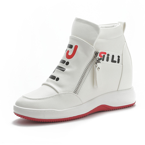 2024 autumn and winter new style inner heightening thick-soled wedge-heeled white shoes double zipper casual trendy women's shoes sports high-top shoes
