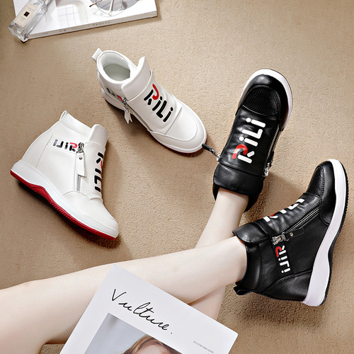2024 autumn and winter new style inner heightening thick-soled wedge-heeled white shoes double zipper casual trendy women's shoes sports high-top shoes