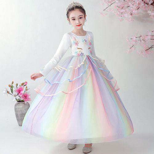 Princess dress for girls, unicorn theme, junior and senior size flower festival performance dress, ballgown style with net underskirt