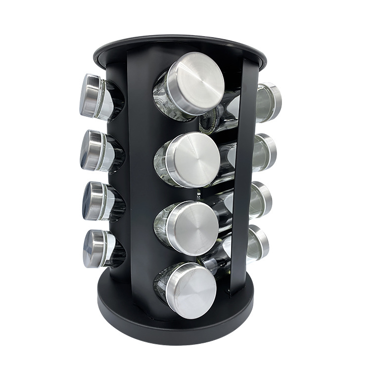 Plástico transfronterizo pulverización de acero inoxidable condimento estante botella de vidrio rack con 16 tipos de latas de condimento giratorio condimento rack