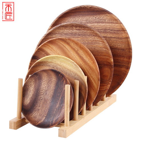 Household simple snack tray dessert wooden plate acacia wood round fruit plate Japanese wooden tray