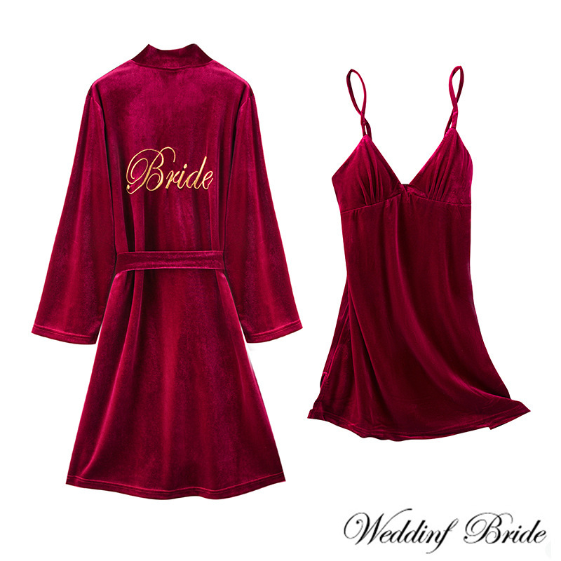 Bridal Morning Gown Spring Autumn Winter Golden Velvet Nightgown Wedding Party Bridesmaid Dress Embroidered Red Pajamas Two-piece Nightgown Bridal Morning Gown Spring Autumn Winter Golden Velvet Nightgown Wedding Party Bridesmaid Dress Embroidered Red Pajamas Two-piece Nightgown