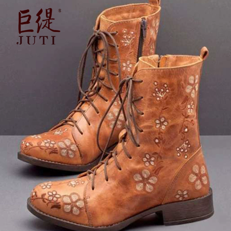 Новинка 2020 JUTI, осенне-зимняя обувь с вышивкой на шнуровке, сапоги больших размеров от Amazon Independent Station, европейские и американские женские туфли с вышивкой 43 размера