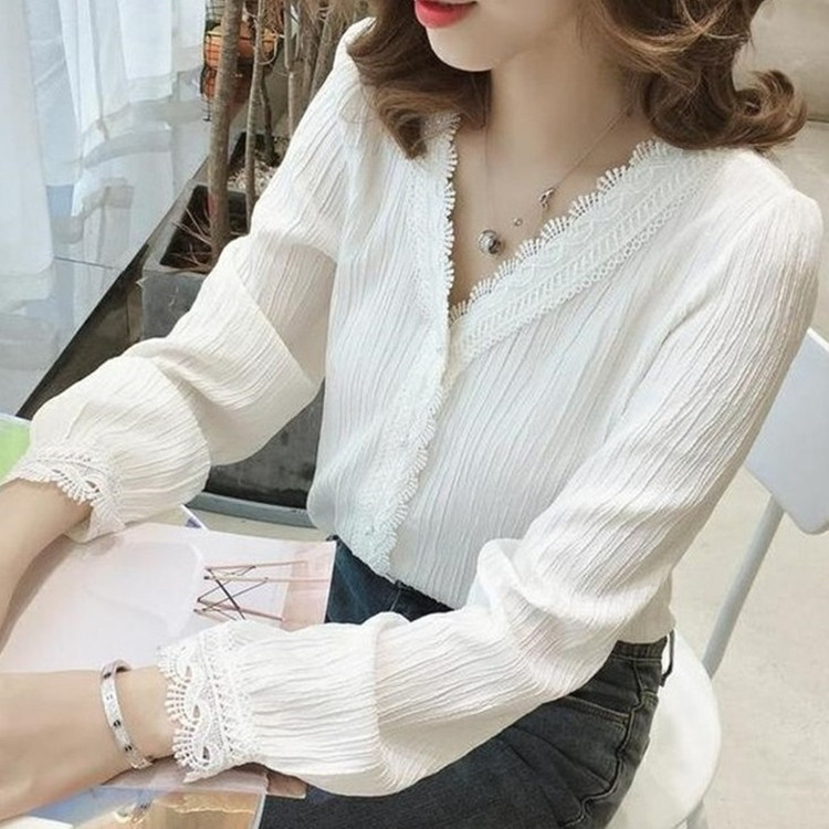Korean Style V-Neck Chiffon Long-Sleeved Shirt for Women 2026 Spring & Fall New Style Pure Color Lace Splicing Slim Fit Pullover Bottoming Shirt