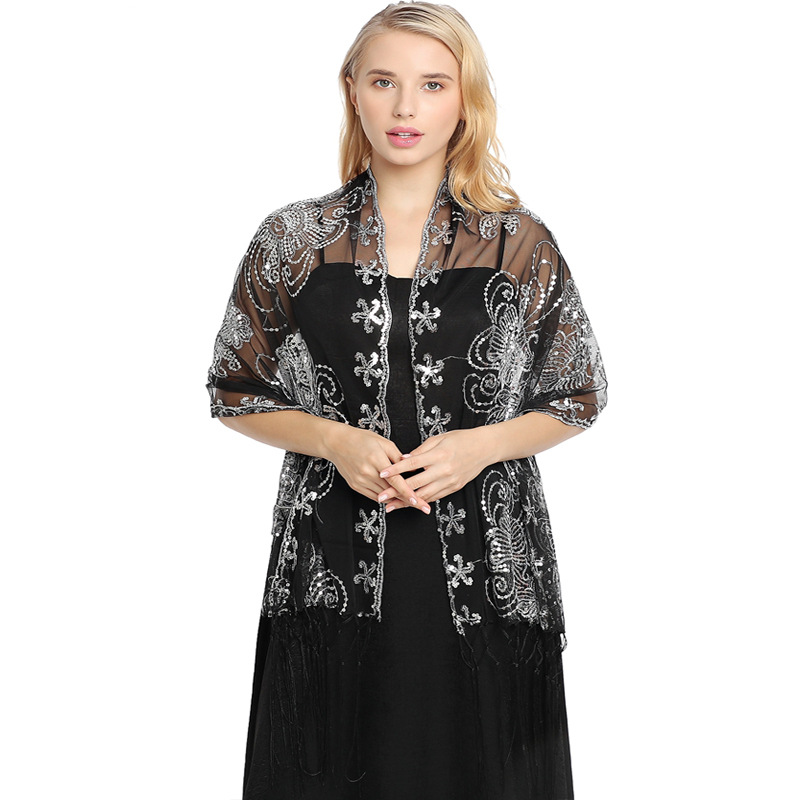 Scialle da sera ricamato con paillettes e nappe per donna sposa_voghion.com