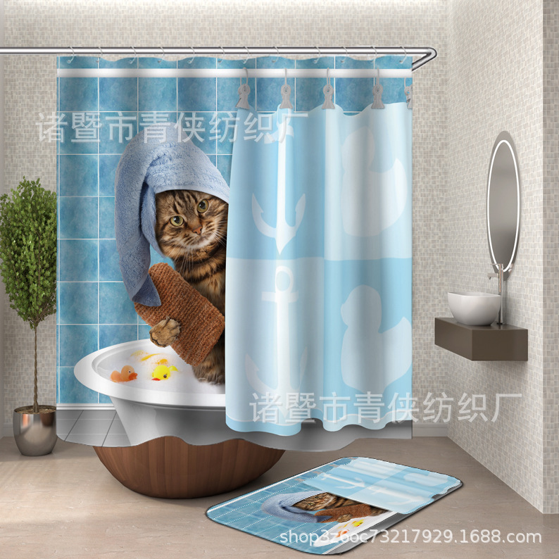 Factory wholesale polyester material digital printing shower curtain mat four-piece toilet three-piece cat dog small animal