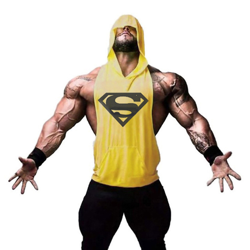 Muscle Sports Leisure Hooded Sleeveless Waistcoat Fitness Vest Men's Fixed Print logo Loose Cotton Breathable Training Muscle Sports Leisure Hooded Sleeveless Waistcoat Fitness Vest Men's Fixed Print logo Loose Cotton Breathable Training