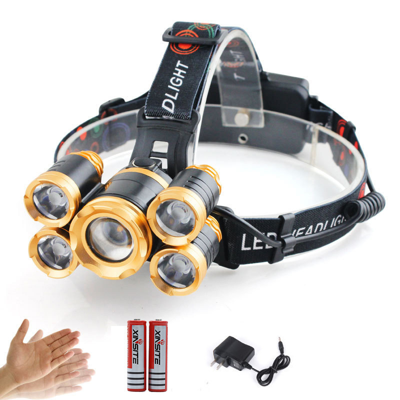 Transfronterizo nuevo 5led avión luz enfoque inducción T6 fuerte luz faro reflector impermeable batería de litio LUZ DE PESCA