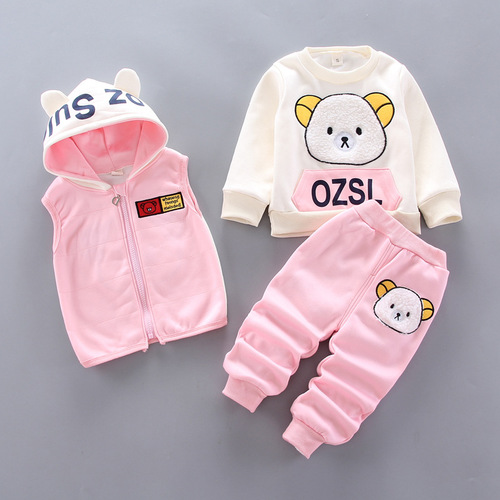  new autumn and winter Korean cartoon children's clothing for boys and girls plus plush bear three-piece children's suit