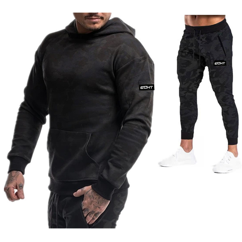 Traje de entrenamiento deportivo de los hombres musculares de la nueva temporada transfronteriza fitness deportes al aire libre correr entrenamiento camuflaje conjunto de dos piezas