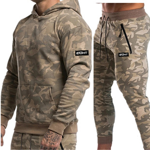 Cross-border new season muscle men's sports training suit fitness outdoor sports running training camouflage two-piece set
