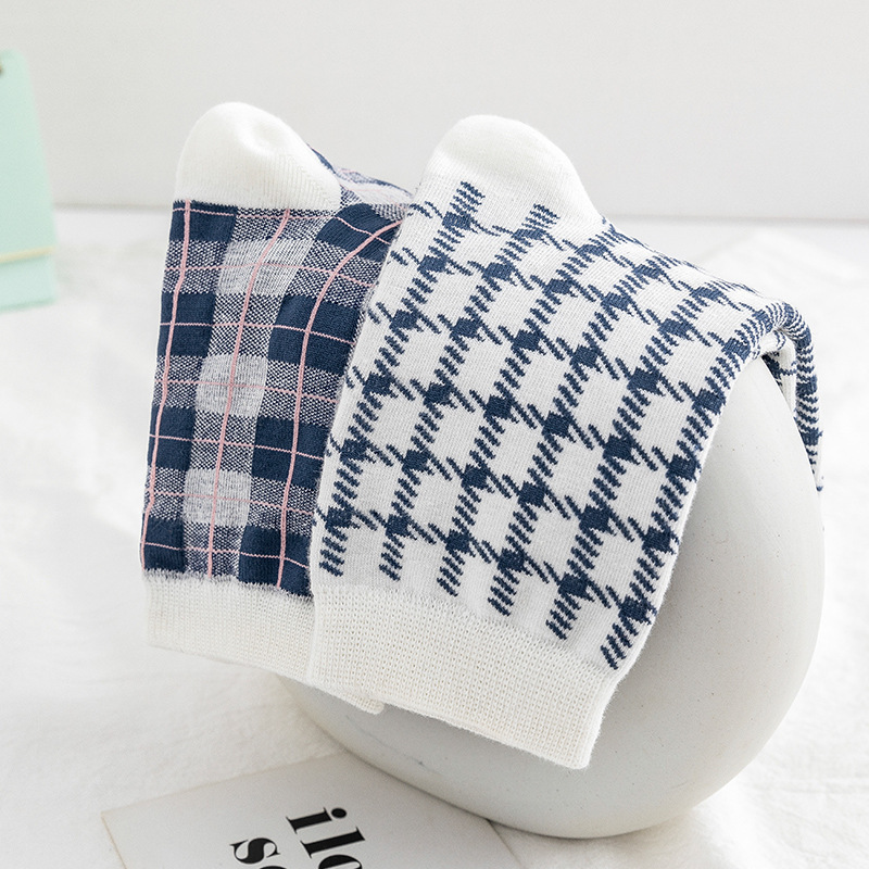 Japanese Style Girl's Sea Blue Plaid Socks British Navy Style Women's Cotton Socks Autumn and Winter Ins Harajuku Style Plaid Japanese Style Girl's Sea Blue Plaid Socks British Navy Style Women's Cotton Socks Autumn and Winter Ins Harajuku Style Plaid