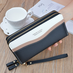 New women's long-handbag with double zipper, fashionable color-blocked, large capacity, double-layer money clip, coin and phone bag