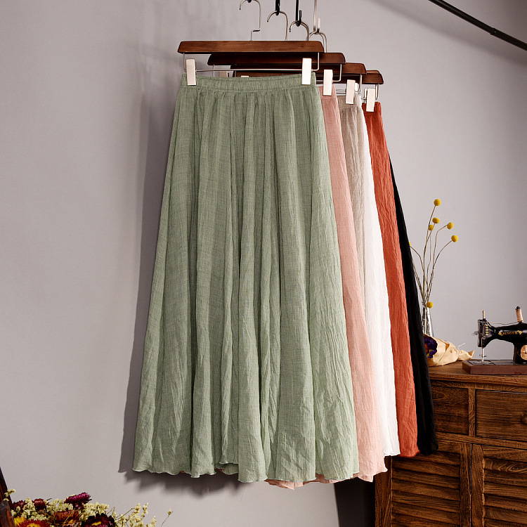 Mori Girl Style Cotton and Linen Skirt, Solid Color Mid-Length Skirt, Ethnic Style Flared Skirt for Spring and Summer, Fresh and Simple