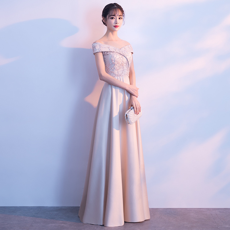 Banquete vestido de noche 2023 primavera nuevo estilo coreano elegante fuera del hombro largo adelgazamiento vestido de dama de honor para las mujeres image 2