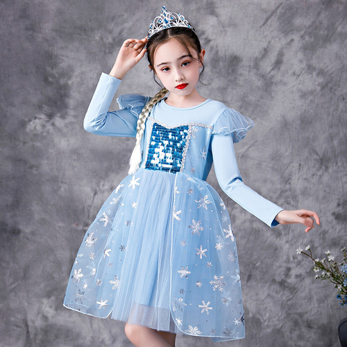 New Product Frozen Elsa Princess Dress for Girls, Spring and Summer Long-Sleeve or Short-Sleeve Net Puff Dress