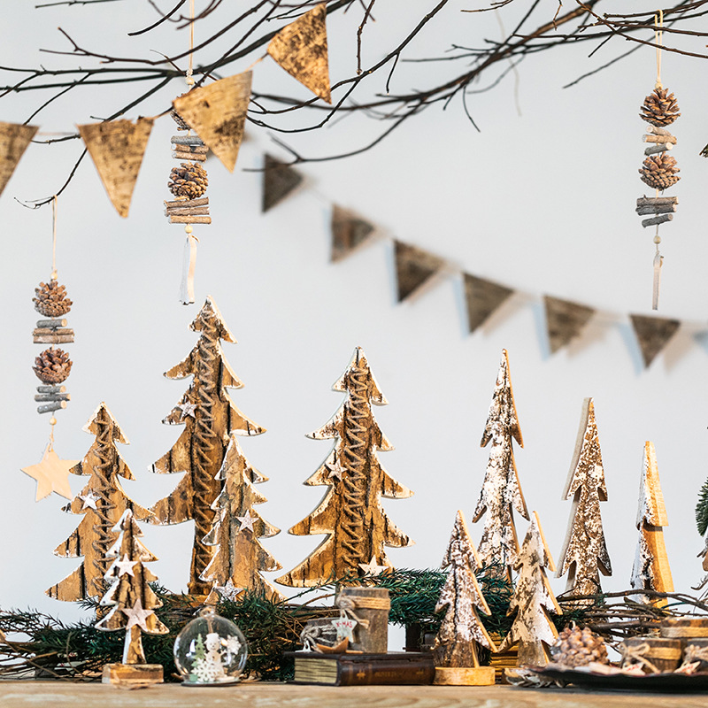 Decoración del árbol de Navidad de madera natural abedul blanco decoración de escritorio de madera de lecho decoración de ventanas de hotel mostrador pequeño árbol de Navidad