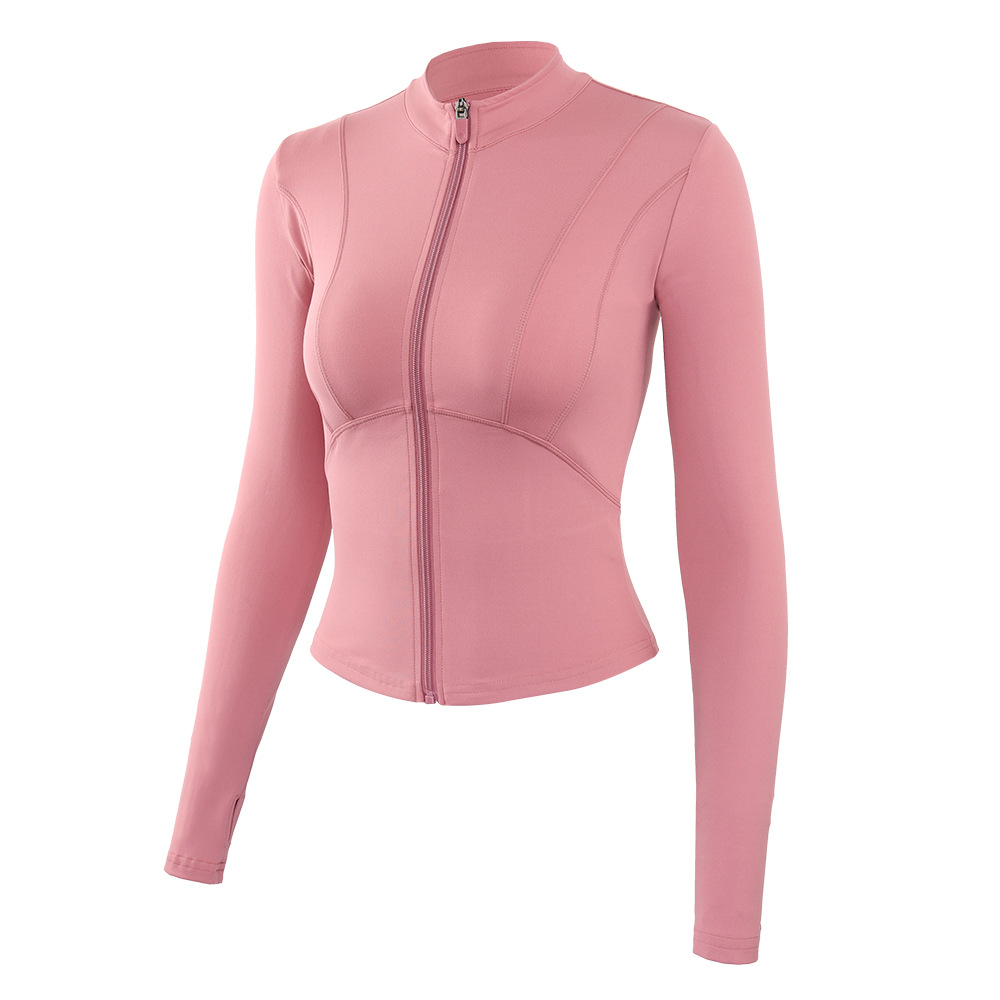 En stock Otoño e Invierno nuevo europeo y americano desnudo chaqueta deportiva Slim adelgazamiento yoga ropa mujer cremallera manga larga fitness top