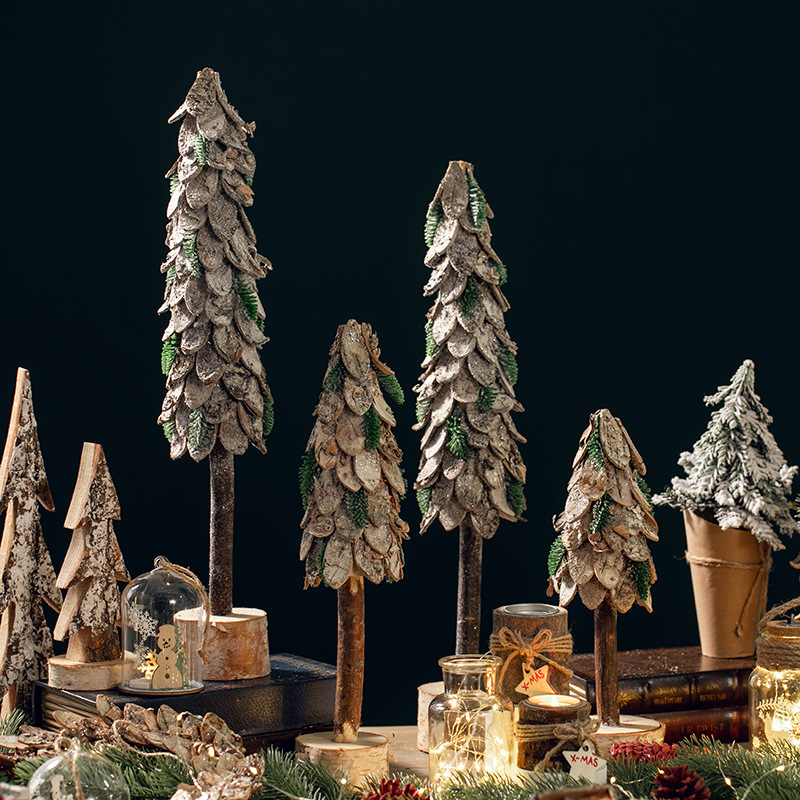 Decoración de árbol de Navidad de madera baldosas de corteza de abedul hotel ventanas de exhibición de decoración estilo americano de campo