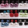 Earrings, double-sided accessory from pearl, Korean style, diamond encrusted, wholesale