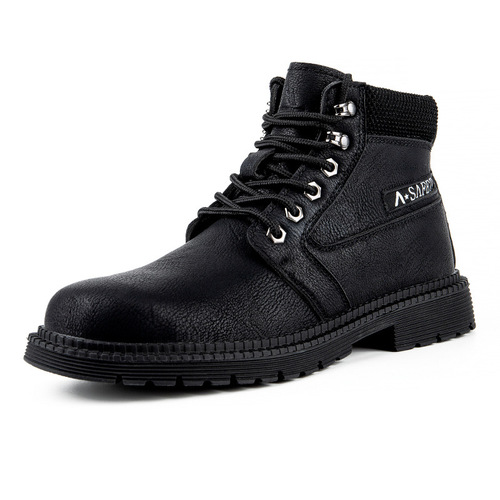 Safety shoes for men with anti-puncture, anti-slip, and steel toe cap features, high-top design, and cowhide sole.