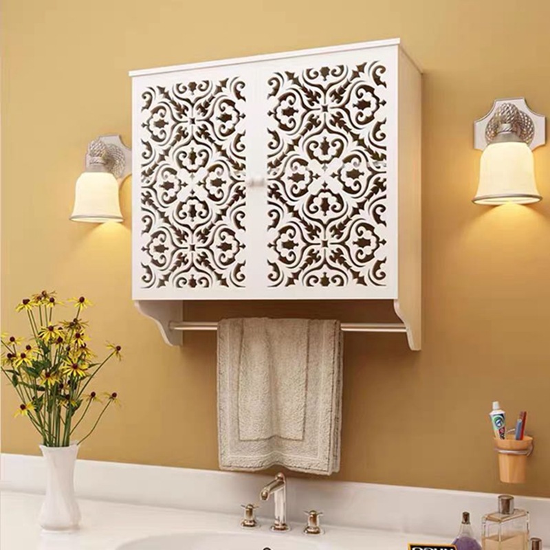 Nuevo baño estante de almacenamiento inodoro lavabo Toalla de almacenamiento Punch-libre montado en la pared tallado colgante gabinete