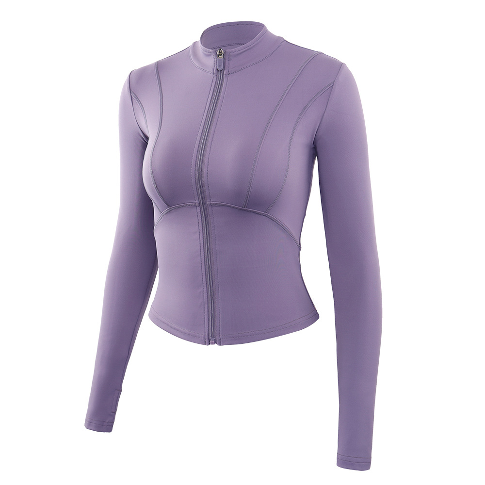 En stock Otoño e Invierno nuevo europeo y americano desnudo chaqueta deportiva Slim adelgazamiento yoga ropa mujer cremallera manga larga fitness top