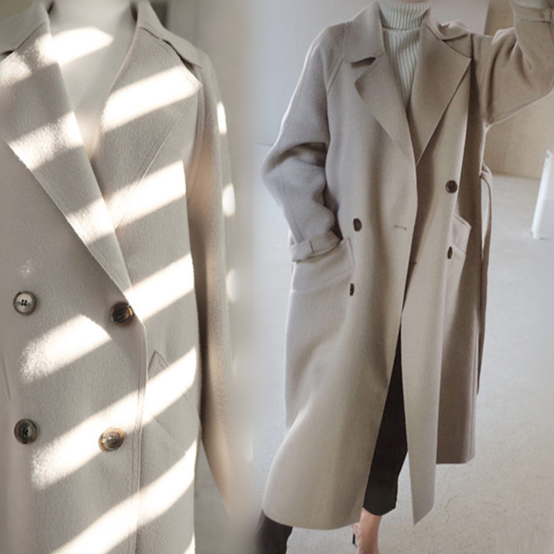 Off-Season Double-Sided Cashmere Coat for Women, Mid-Length, 2025 Winter, Beige Woolen Waitmore Coat, Wool Double-Sided Fabric
