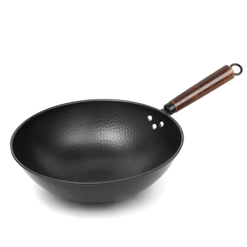 Zhangqiu forged iron pot, wood lid, wok with uncoated wooden handle, iron pot, round-bottomed restaurant wok manufacturer wholesale
