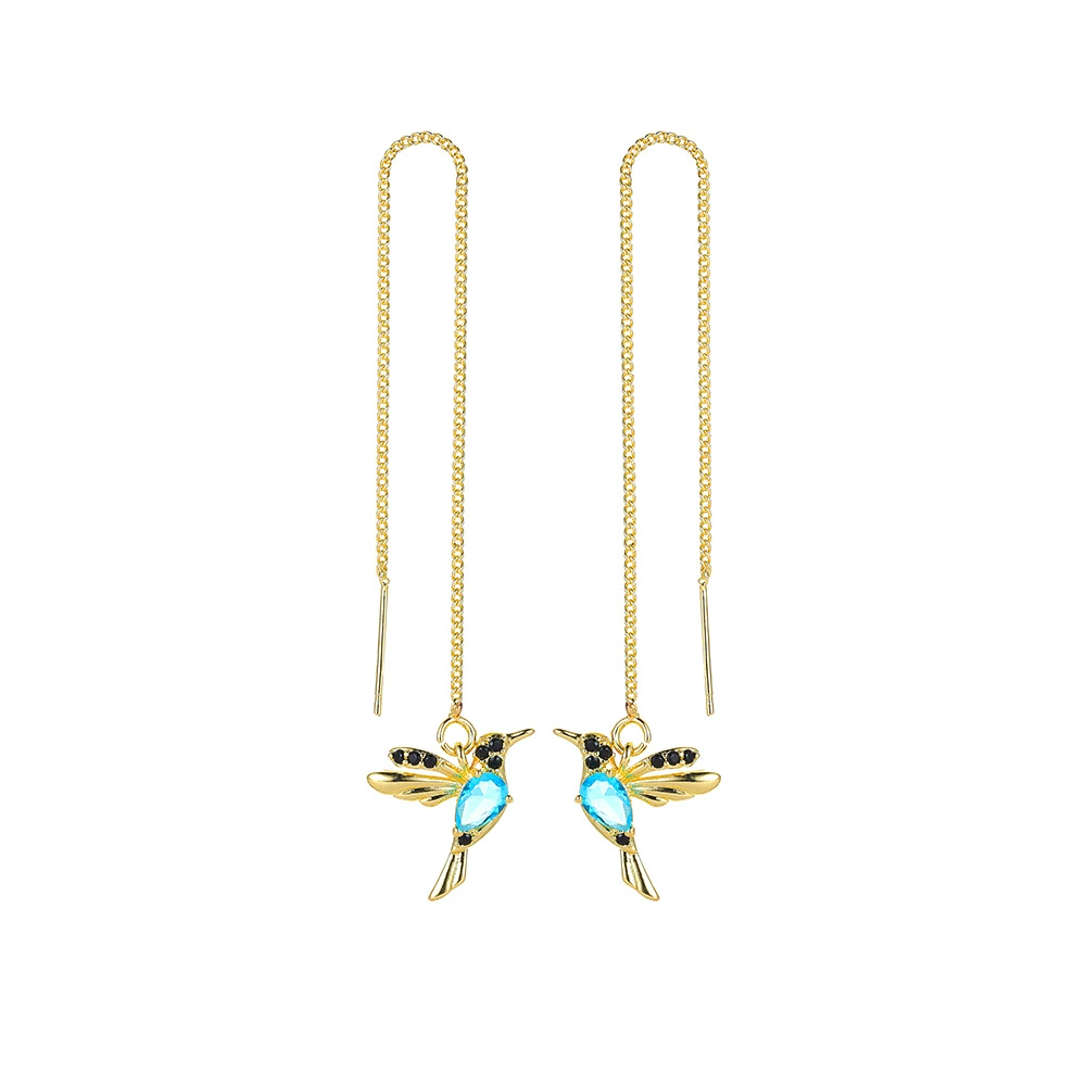 Long Hummingbird Drop Earrings, delicate chain, multi-color plated, 6.16 cm