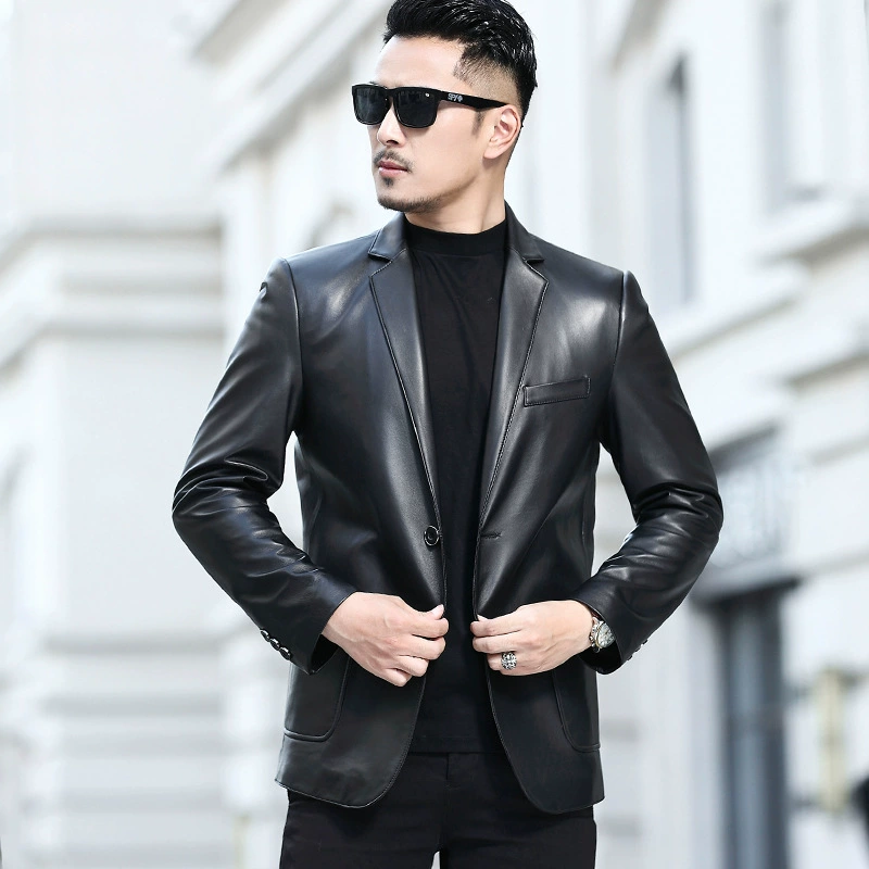 Короткий костюм, пиджак для отдыха, натуральная кожа, slim fit