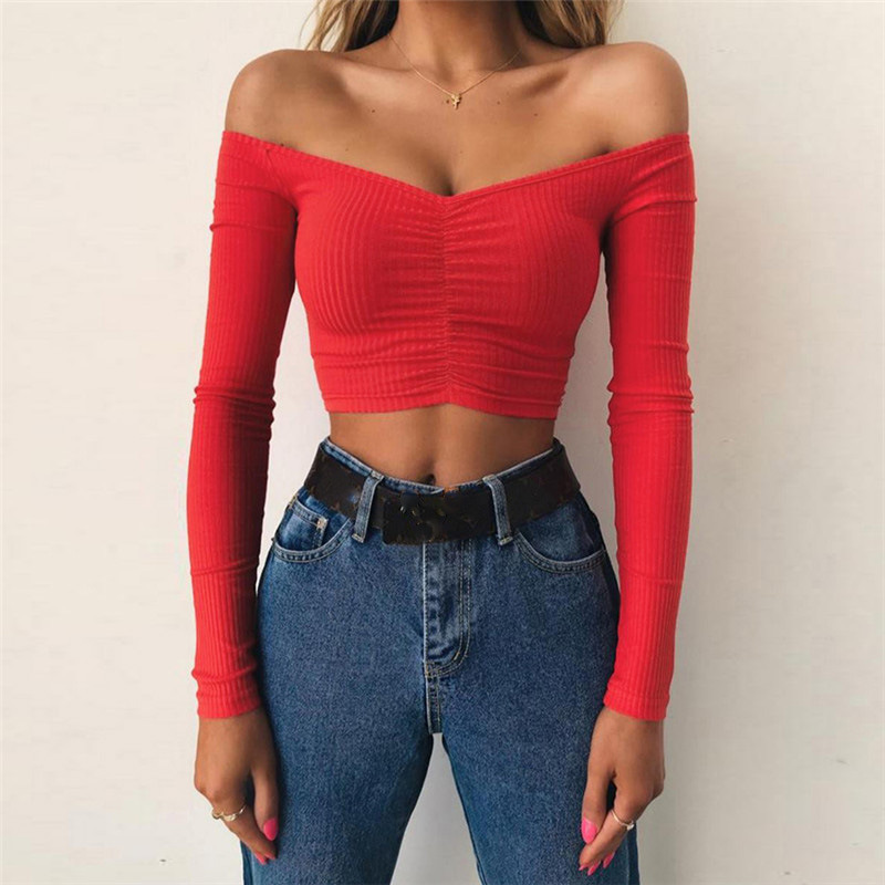 European station 2023 winter new women's long sleeve shoulder slim navel short T-shirt a generation of hair