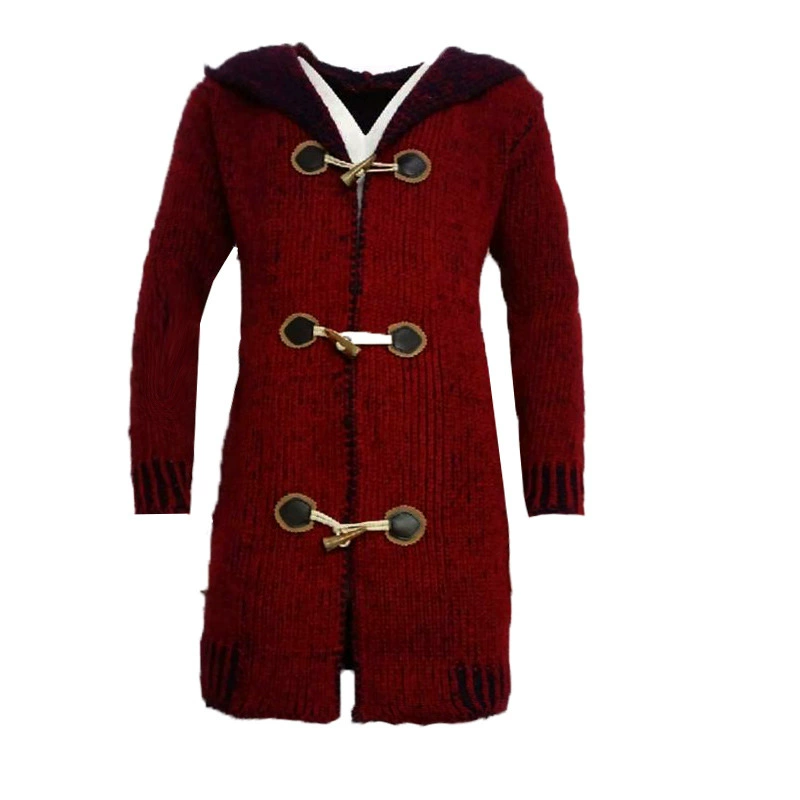 Мужской свитер с капюшоном 2025 года, модный лоскутный дизайн, приталенный крой, пуговицы в форме рога, средняя длина, свободное пальто.