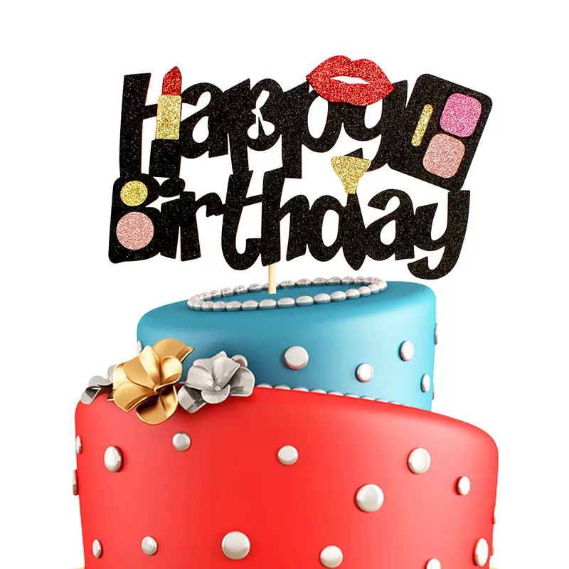 创意口红化妆品盒生日快乐蛋糕插牌 化妆主题生日派对蛋糕插签