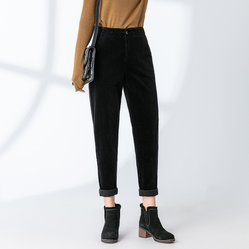 Quần culottes nữ ống rộng nhung kẻ dáng harem — Màu đen