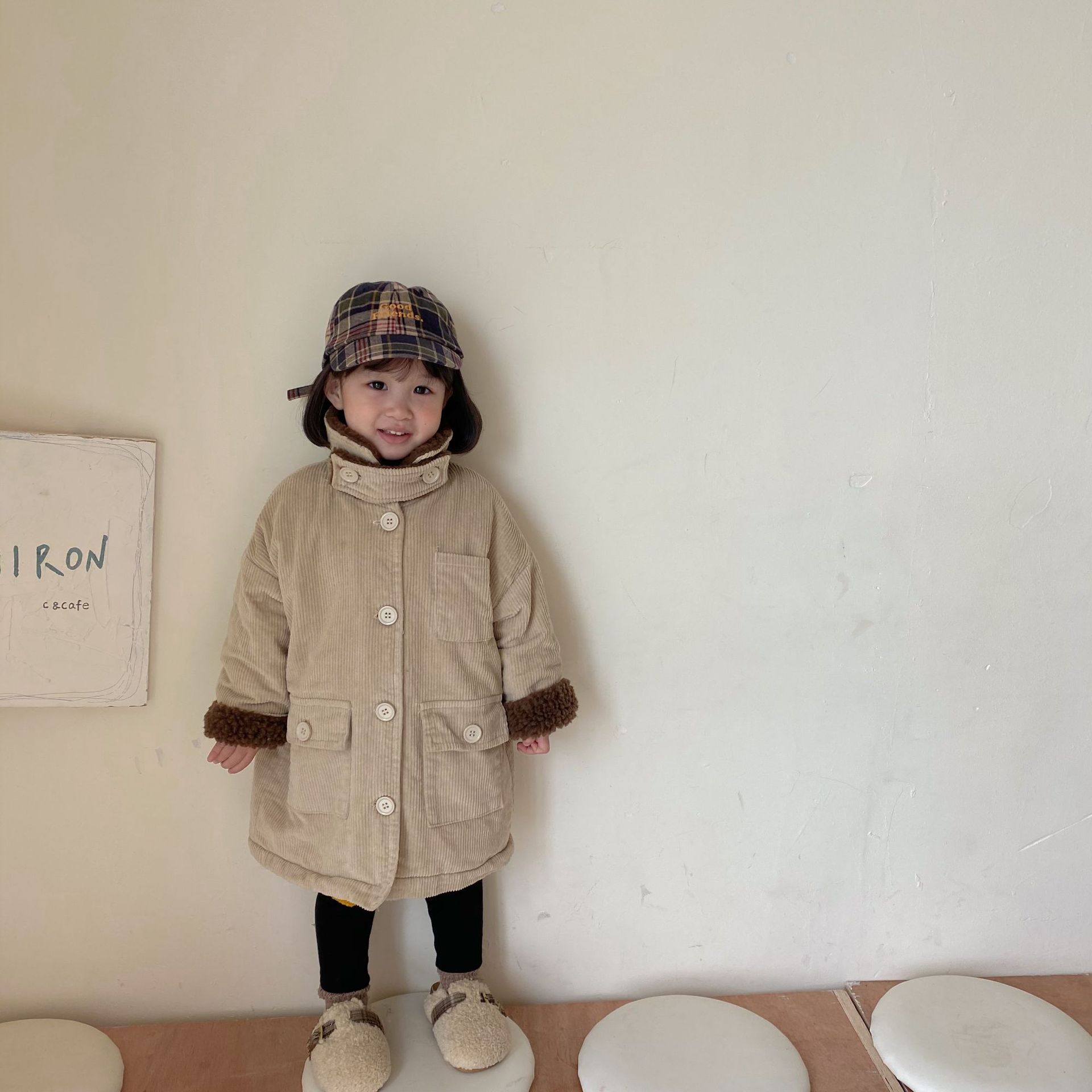 (2개) 아동복 겨울 한국식 어린이 두꺼운 코듀로이 중장 코트 기모 양고기 양모 코트 소년 소녀