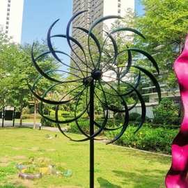 亚马逊热销户外花园公工艺品双层旋转插件装饰出口彩虹色铁艺风车