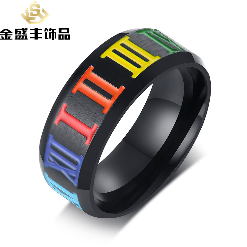 欧美跨境货源钛钢戒指 罗马数字 彩虹戒指男士指环  PR-027